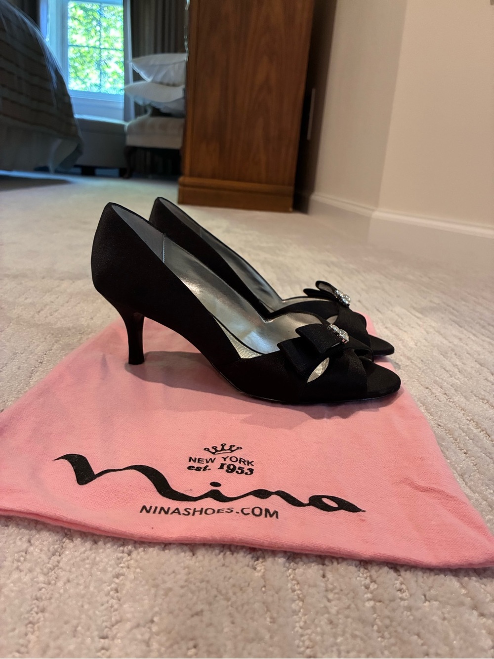 Nina Black Satin Peep-Toe Kitten Heels with Bow and Crystal Accent